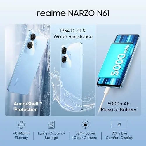 realme NARZO N61 (Voyage Blue,4GB RAM+64GB Storage) 90Hz Eye Comfort Display | IP54 Dust & Water Resistance | 48-Month Fluency | Charger in The Box - Image 3