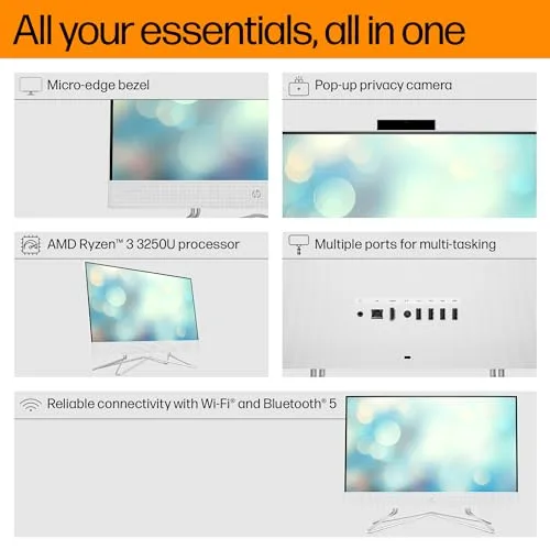 HP All-in-One PC AMD Ryzen 3 3250U 21.5 inch(54.6cm) FHD 8GB RAM, 512GB SSD, AMD Radeon Graphics, White Wired Keyboard Mouse Combo (Windows 11, MSO, Snow White, 5.7 Kg) 22-dd0304in - Image 5