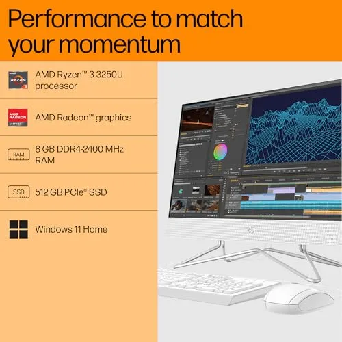 HP All-in-One PC AMD Ryzen 3 3250U 21.5 inch(54.6cm) FHD 8GB RAM, 512GB SSD, AMD Radeon Graphics, White Wired Keyboard Mouse Combo (Windows 11, MSO, Snow White, 5.7 Kg) 22-dd0304in - Image 3