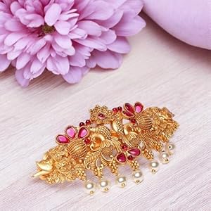 JWELLA Traditional Matte Gold-Plated Temple Peacock Laxmi Bridal Hair Clip with Pearls and Stones 