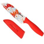 CAROTE Knife Kitchen Knife Chef Knife Color Printing Santoku Knife & Non-Slip Handle with Blade Cover, Red, 5inch, Stainless Steel