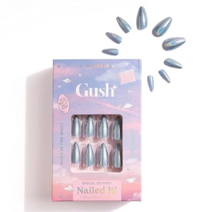 Gush Beauty Nailed It | Reusable Luxury Press On Nails With Application Kit | (Baby Blue Chrome- Medium Almond)