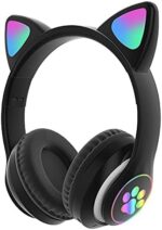 Happy Hues® Wireless Headphones Cute Cat Ear Headset with LED Lights, Noise Cancelling Stereo Gaming Headphones, Fashion Bluetooth (5.0) Headset Wearing for Kids and Adults (Black Cat Ear)