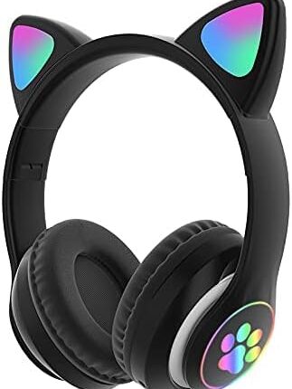 Happy Hues® Wireless Headphones Cute Cat Ear Headset with LED Lights, Noise Cancelling Stereo Gaming Headphones, Fashion Bluetooth (5.0) Headset Wearing for Kids and Adults (Black Cat Ear)
