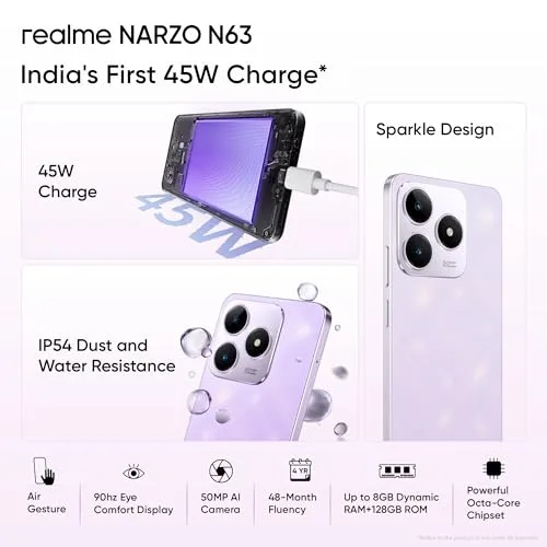 realme NARZO N63 (Twilight Purple,4GB RAM+64GB Storage) 45W Fast Charge | 5000mAh Durable Battery | 7.74mm Ultra Slim | 50MP AI Camera | AI Boost - Image 2