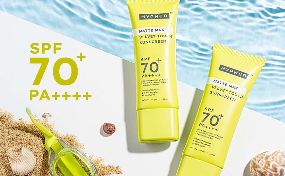 Hyphen matte max sunscreen SPF 70+ PA++++ matte finish 12Hrs UVA-UVB Protection water resistant