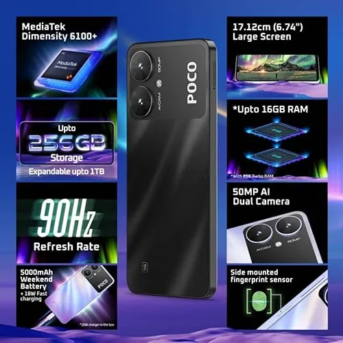 POCO M6 5G (Galactic Black, 4GB RAM, 128GB Storage) | MediaTek Dimensity 6100+ 5G Processor | 5000 mAh Battery + 18W Fast Charging | 50 MP AI Dual-Camera System & Side Fingerprint Sensor - Image 6