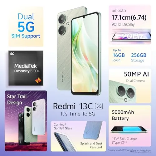 Redmi 13C 5G (Startrail Green,6GB RAM, 128GB Storage) | MediaTek Dimensity 6100+ 5G | 90Hz Display - Image 2