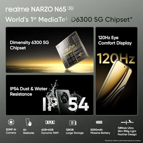 realme NARZO N65 5G (Deep Green 4GB RAM, 128GB Storage) India's 1st D6300 5G Chipset | Ultra Slim 190g Design | 120Hz Eye Comfort Display | 50MP AI Camera| Charger in The Box - Image 2