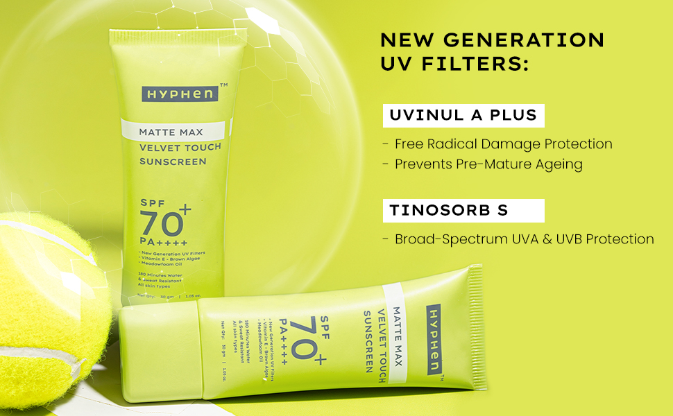 Hyphen matte max sunscreen SPF 70+ PA++++ matte finish 12Hrs UVA-UVB Protection water resistant