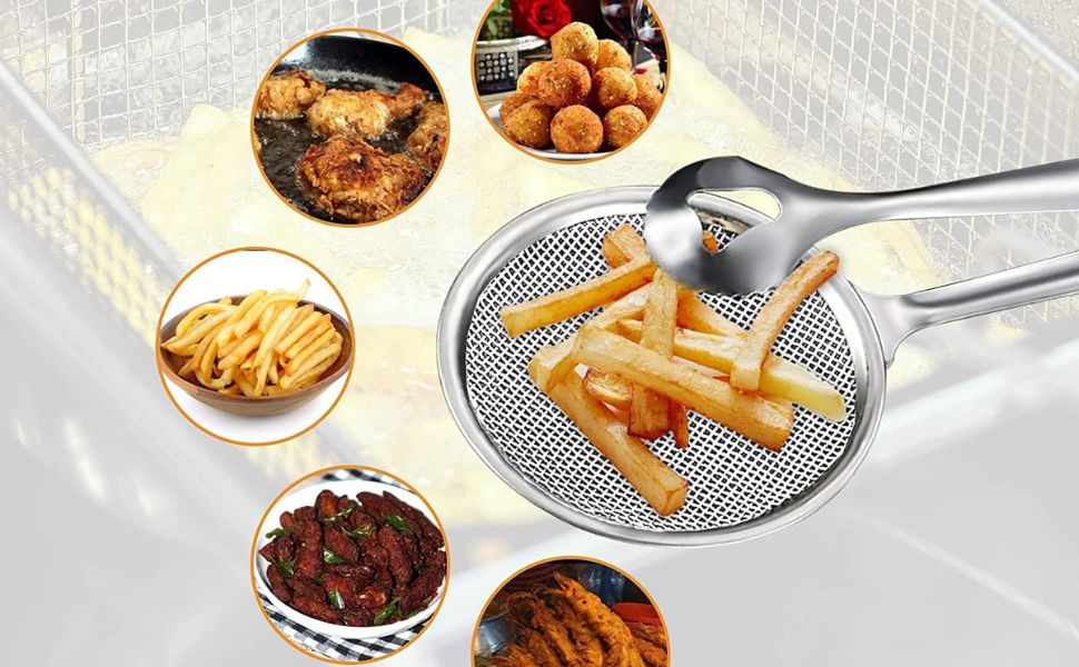 Fry Tool Filter Spoon Snack Strainer with Clip Skimmer for Fried Food Salad BBQ Ladle Basting