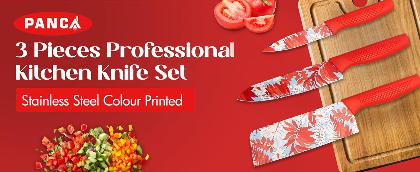 red printed knife set of 3