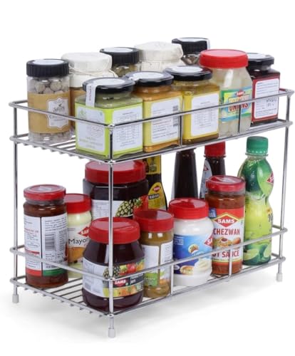 AB99 COLLECTION Stainless Steel 2-Tier Kitchen Rack&Organizer Spice Rack&Container Organizer, Utensils Dishes Spices Jar Holder Rack&Cup&Glass Holder, Countertop, Tabletop Rack Step Shelf