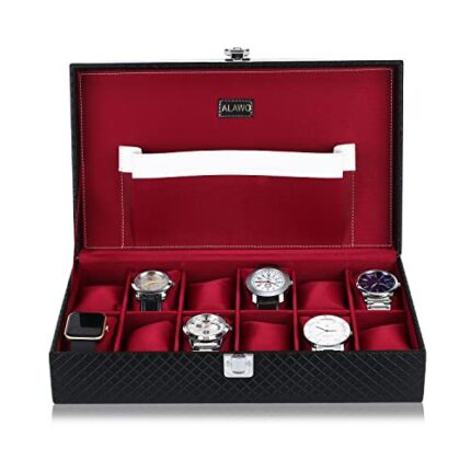 ALAWO Watch Case Organizer Box with 12 slots of watches with 1 Pocket inside in Black PU Leather and Cherry colour Velvet