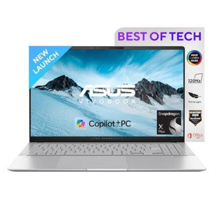 ASUS Vivobook S 15, 3K OLED 16:9, 120Hz, 600 nits, Snapdragon X Plus X1P 42 100, 3.4GHz, Qualcomm Adreno GPU (16GB RAM/1TB SSD/Win 11/Office Home/70WHr Battery/Cool Silver/1.42 Kg), S5507QA-MA551WS