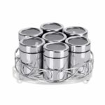 ATROCK 7Pcs Stainless Steel Masala Dabba|Spice Container|Kitchen Jars And Containers|Storage Container|Masala Dani With 7Pcs Stainless Steel Spoon|Set Of 7 Containers With Steel Stand,Blue-Violet