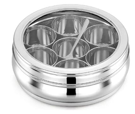 ATROCK Masala Dabba | Masala Box Stainless Steel For Kitchen | Masala Dani | Spice Storage Container (Glass Lid, 1200Ml), Silver