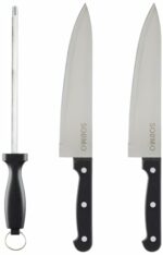 Amazon Brand - Solimo High-Carbon Stainless Steel Kitchen Knife Set with Sharpener | Triple Rivet Handle | Set of 3 (Silver)