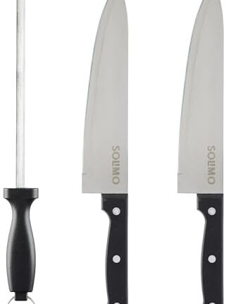 Amazon Brand - Solimo High-Carbon Stainless Steel Kitchen Knife Set with Sharpener | Triple Rivet Handle | Set of 3 (Silver)