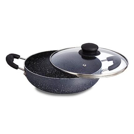 Amazon Brand - Solimo Non-Stick Kadai with Glass Lid | Granite Finish | Induction Base | PFOA Free | High Temperature Resistant Exterior Coating | 22 cm | Grey