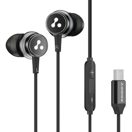 Ambrane Type C Wired Earphones with in-line Mic for Clear Calling, 1.2M Cable, 10mm Dynamic Drivers for BoostedBass, Control Buttons for iPhone 15, Samsung & Type C Devices (Stringz 04, Black)