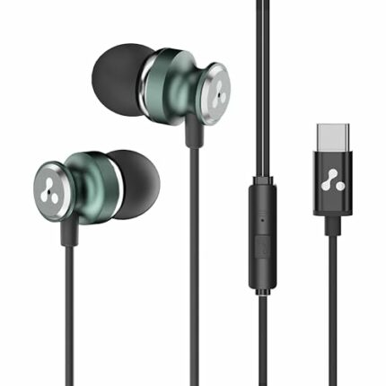 Ambrane Type-C Wired in Ear Earphones, 10Mm Bass Drivers, Inline Controls for Type C Smartphones, iPhone 15 & Laptop, 1.2M Braided Anti Tangle Wire with Mic for Clear Calling (Stringz 03, Green)