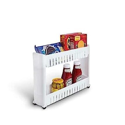 Attro Slim Rack 2 Layer Rack Made with Heavy Plastic Material LightWeight, Foldable and Portable Simple Assembly Comes with Movable Wheels Perfect for Kitchens Storage Organizer,Homes,Offices-White