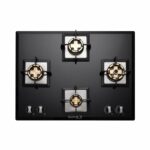 BLOWHOT Pluton 4 Burner Hob Heavy Brass Burners With Brass Base 70cms Toughened Glass Top, One 100mm Triple Ring Burner, Two 90mm Double Ring Burner, One 70mm Brass Burner - Black