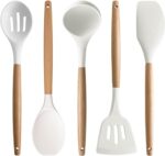 BS PACKAGING Kitchen Utensils Set, 5 Pcs Non-Stick Silicone Kitchen Cooking Utensils With Wooden Handle, Kitchen Spatula Cookware Utensils Set, Heat Resistant Silicone Kitchen Gadgets (Cream, 5)