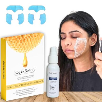 Bee & Beauty Melting Collagen Sheet Mask | Set Of 2 Full Face Pack With Toner | Korean Skincare | 2 Face Pack + Niacinamide & Honey Toner| Ultimate Collagen Booster