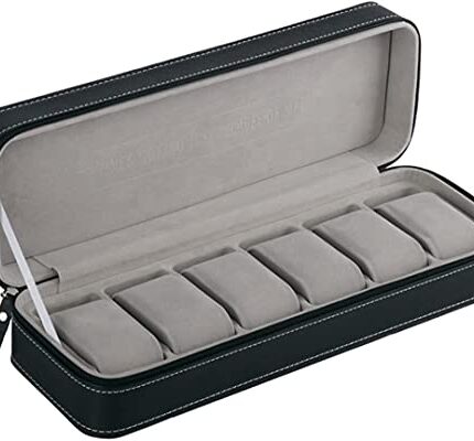BucketList 6-slot Watch Box Portable Travel Zipper Case Storage Jewelry Storage Box Display Box with Watch Cloth - PU Leather Watch Storage Box for Business Trips and Gifts (Black)