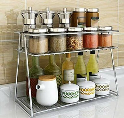 CR18 COLLECTION Stainless Steel 2 Layer Kitchen Spice Rack| Modular Kitchen Storage Rack | Kitchen Organizer Multipurpose Storage Shelf/Rack, Silver, Countertop, Tabletop, Tiered Shelf