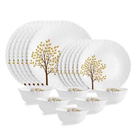 Cello Opalware Dazzle Series Tree of Life Dinner Set, 18 Units | Light-Weight, Daily Use Crockery Set for Dining | White Plate and Bowl Set