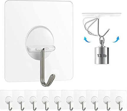 Chillyfit Wall Hooks for Hanging Strong, 10 Pack Adhesive Hooks for Wall Heavy Duty, Wall hangings, Kitchen Accessories Items, Clothes Hanging, Stainless Steel, Transparent