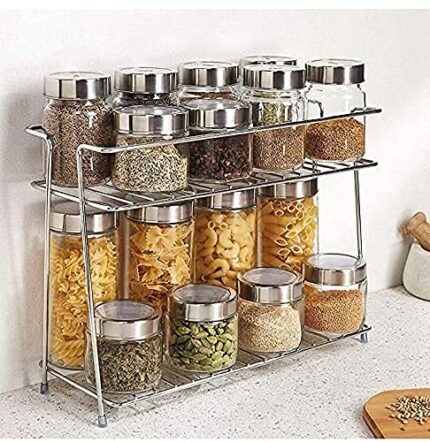 Cri8Hub Stainless Steel Kitchen Rack, Stand, Organizer & Space Saver, 2-Tier Trolley Basket For Boxes Utensils Dishes Plates For Home (Floor Type Self), Countertop, Tabletop, Tiered Shelf