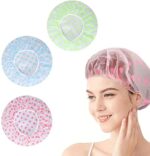 DELILAH Shower Cap Set of 3 for Women, Reusable Waterproof Elastic Eva Free-Size Bathroom Shower Caps - For Homes, Spas, Salons, Hair Treatment, Beauty Parlors (Multicolored and Multi-design)