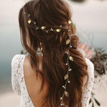 DHANABAPA Leaf wedding hair vine, Antique Greek style bridal hair vine, Pearl wedding hair jewelry, Bohemian wedding headband, Bridal Headband, Brides Bridesmaids Women Girls Accessories, 1 Pc Goldan.