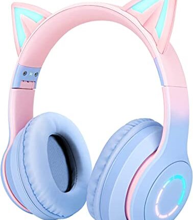 Daemon Headphones, Bluetooth Wireless Headphones for Kids Teens Adults, Over-Ear Bluetooth Headphones with Microphone, Cat Ear Headphones for Girls Women (Pink Blue)