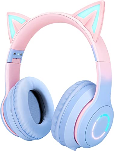 Daemon Headphones, Bluetooth Wireless Headphones for Kids Teens Adults, Over-Ear Bluetooth Headphones with Microphone, Cat Ear Headphones for Girls Women (Pink Blue)