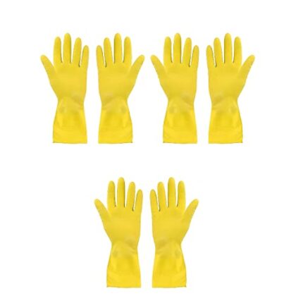 DeoDap 3 Pair Reusable Household Rubber Cleaning Gloves,Dishwashing Gloves, Kitchen Cleaning, Working, Painting, Gardening, Pet Care || (Free Size, Yellow)