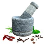 EZAHK Stone Mortar and Pestle Set, Okhli, Khalbatta, Kharal, Mixer, Natural & Traditional Grinder, Musal, Design for Kitchen, Home, Herbs and Spices Large Size (14 CM) Grey