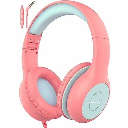 EarFun Kids Headphones with Mic for Boys and Girls, Over Ear HD Stereo Headphone for Children, 85/94dB Volume Limiter, Sharing Port, Foldable On Ear Headsets with Mic (Pink & Blue)