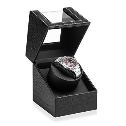 Efaithtek Automatic Single Watch Winder with Japanese Quiet Motor，AC Adapter or Battery Powered, Black Crocodile Pattern Leather, Japanese