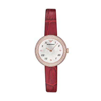 Emporio Armani Women Two-Hand Analog Watch, Red Leather Glitz, White Dial, Red Band