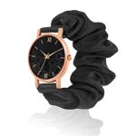 FYLAINCE Scrunchies Analog Watch Classic & Unique Scrunchies Watches Strap Cloth Soft Pattern Solid Fabric Wristband I Watch Cute Elastic Scrunchy Bands Watch For Women & Girls,Dial-Black, Band-Black