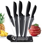 Fruitalite 7 Pieces Kitchen Knife Set with Acrylic Stand & Sharpener- Stainless Steel Blades with Non-Stick Coating | Premium Professional Sharp Chef Knives | Non-Slip Ergonomic Handle- Black