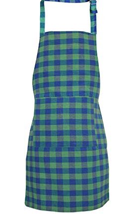 GLUN Waterproof Unisex Kitchen Apron Checkered with 2 Big Size Front Centre Pocket and Adjustable Neck Strap (Blue-Green)