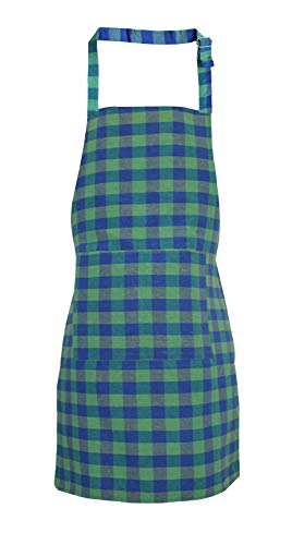 GLUN Waterproof Unisex Kitchen Apron Checkered with 2 Big Size Front Centre Pocket and Adjustable Neck Strap (Blue-Green)