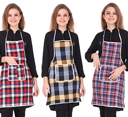 GLUN® Cotton Kitchen Multi Colour Apron with Front Pocket - Set of 3(Color and Design May Vary)