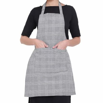 GLUN® Kitchen Cooking Aprons, Small White & Black Checkered Color Adjustable Bib, Chef Apron with 2 Pockets, Long Ties, Long Neck Strap for Men & Women Unisex Apron